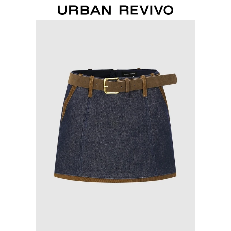 UR2025秋季新款女装复古撞色边腰带裙裤牛仔短裤UWU850007+