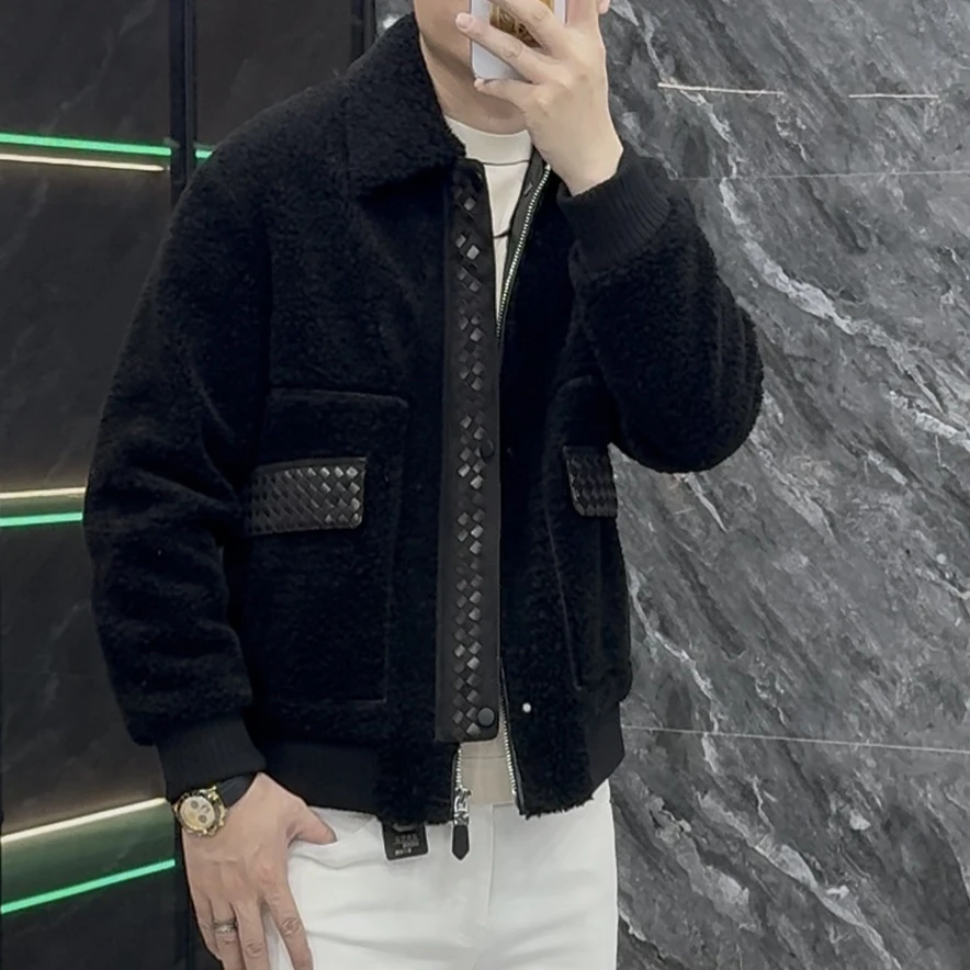 （沐鑫轻奢）100%羊毛冬季男款配编织羊皮翻领短款羊毛外套25212