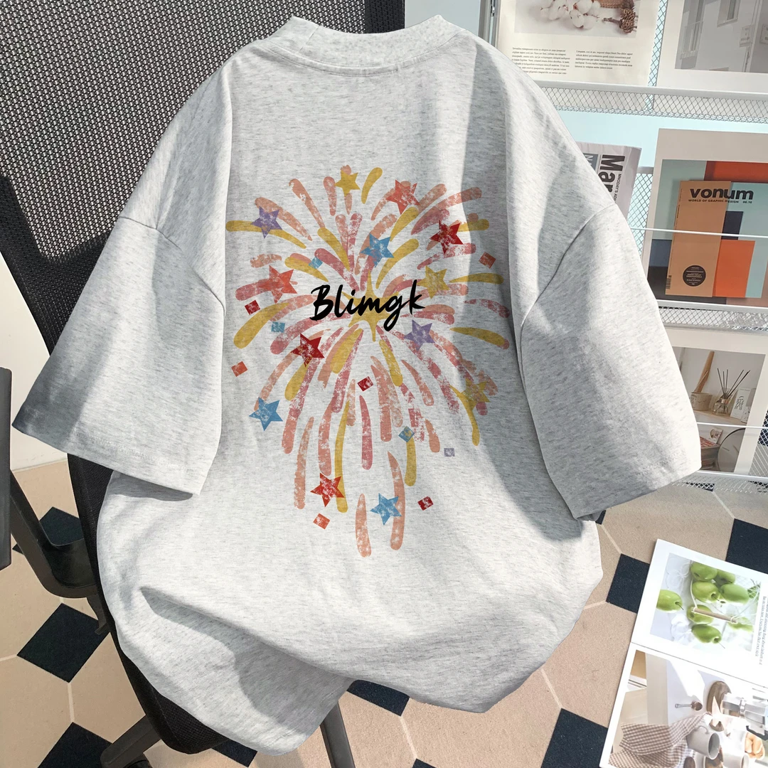 夏季2025新款女童纯棉短袖t恤设计感烟花中大童百搭宽松半袖上衣