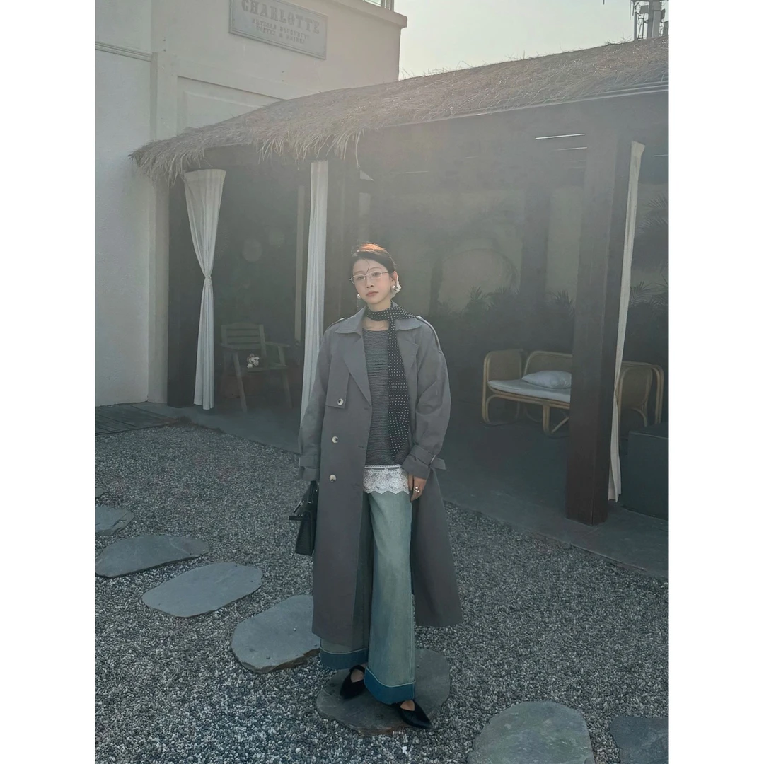 【早春新款】风衣单排扣长款宽松女韩版薄款复古气质休闲设计感