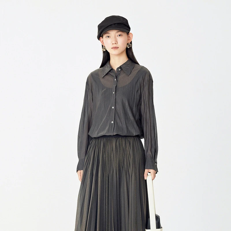 AUM/噢姆【轻松套装】浮光肌理时尚黑色极简休闲长袖衬衫M1DE32299