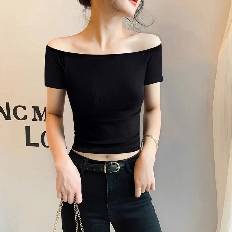2025夏季新款棉质一字领露脐短袖t恤女小众设计感露肩上衣潮显瘦