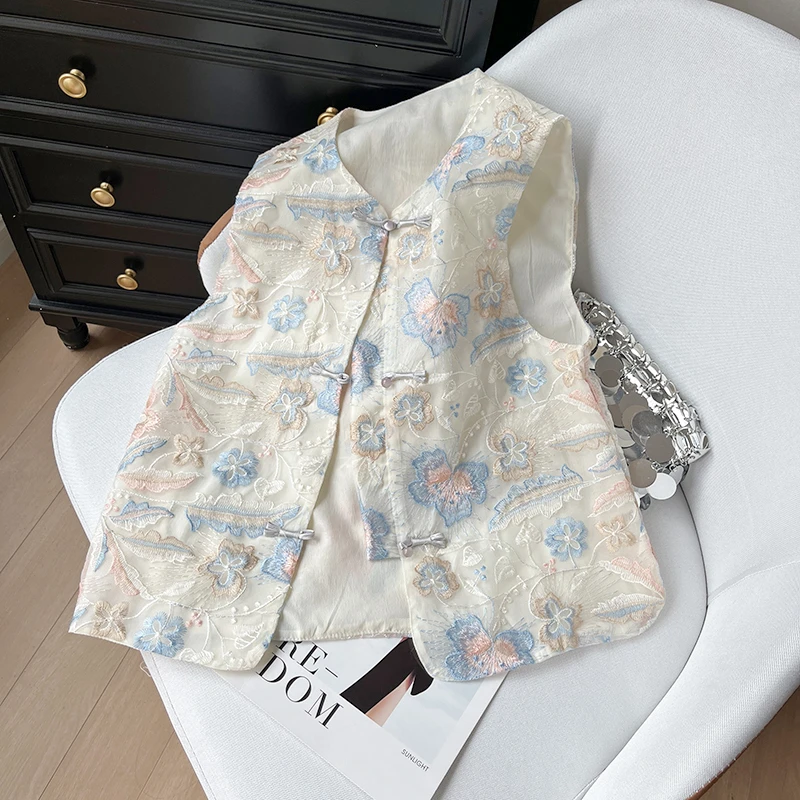 新中式马甲新款蓝花欧根纱薄款马甲女2025上衣新中式重工国风外穿