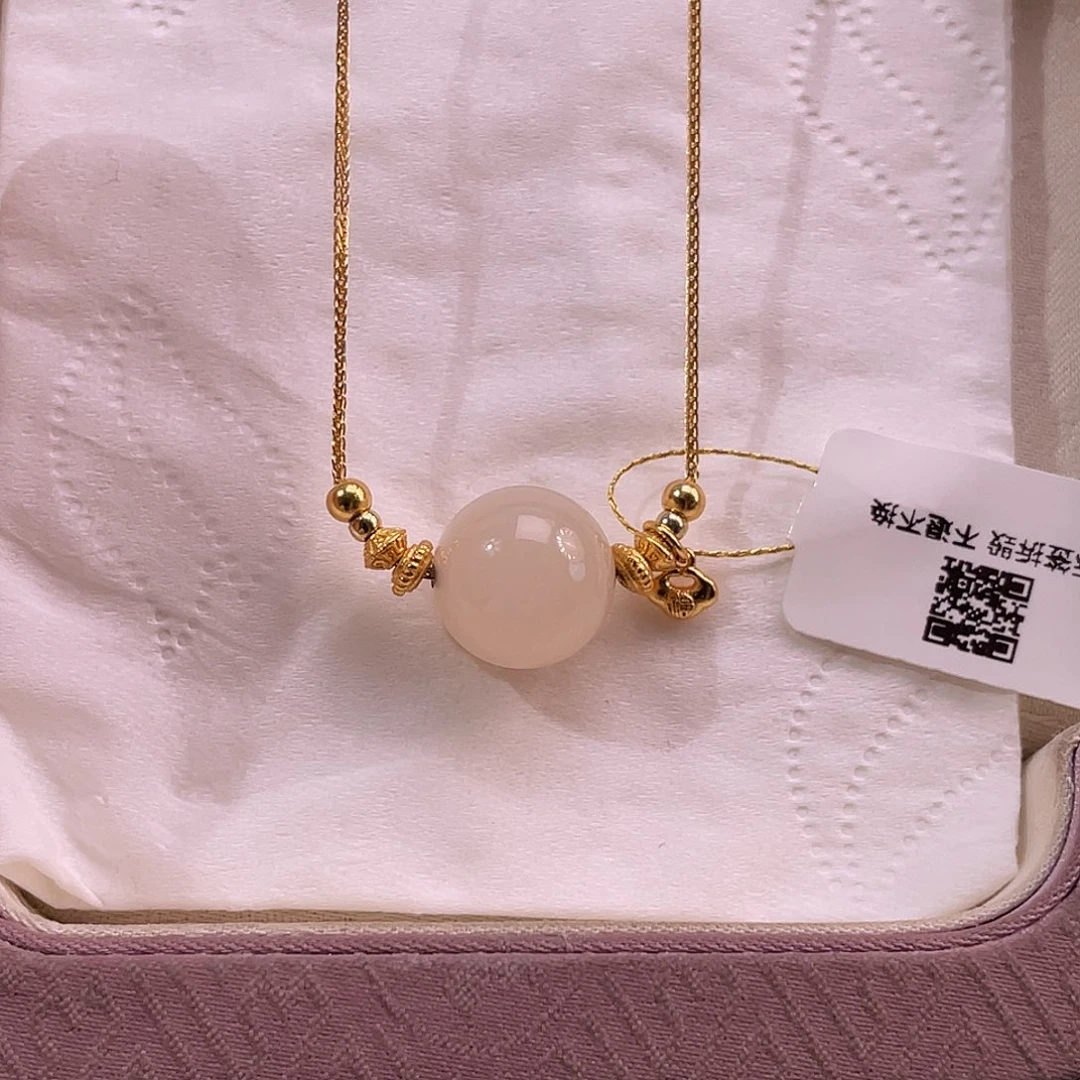 吊坠(不含链)银S925镀金镶嵌和田玉藕粉熟粉圆珠吊坠