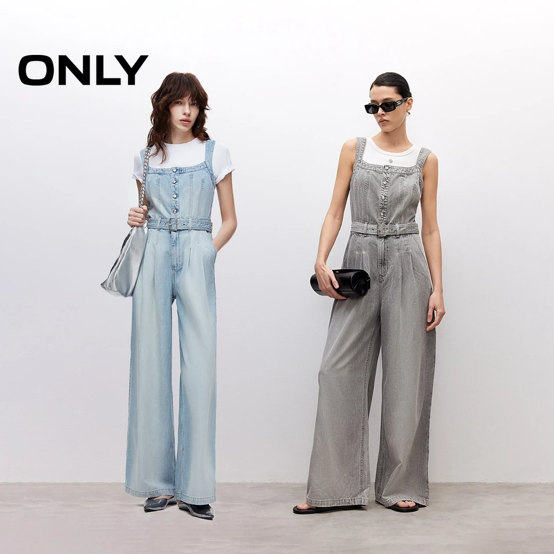 ONLY2025夏季新款做旧水洗宽松阔腿裤长裤背带牛仔裤女|125264002