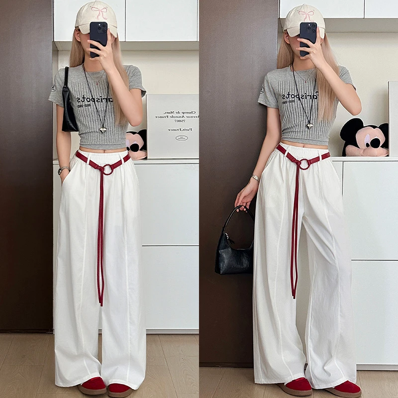 韩系ins弯刀裤女夏季薄款慵懒感直筒裤简约小个子百搭中线阔腿裤