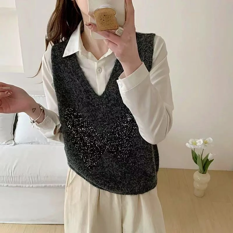 百搭常规款亮片针织马夹时尚洋气气质马甲蝴蝶女士复古V领