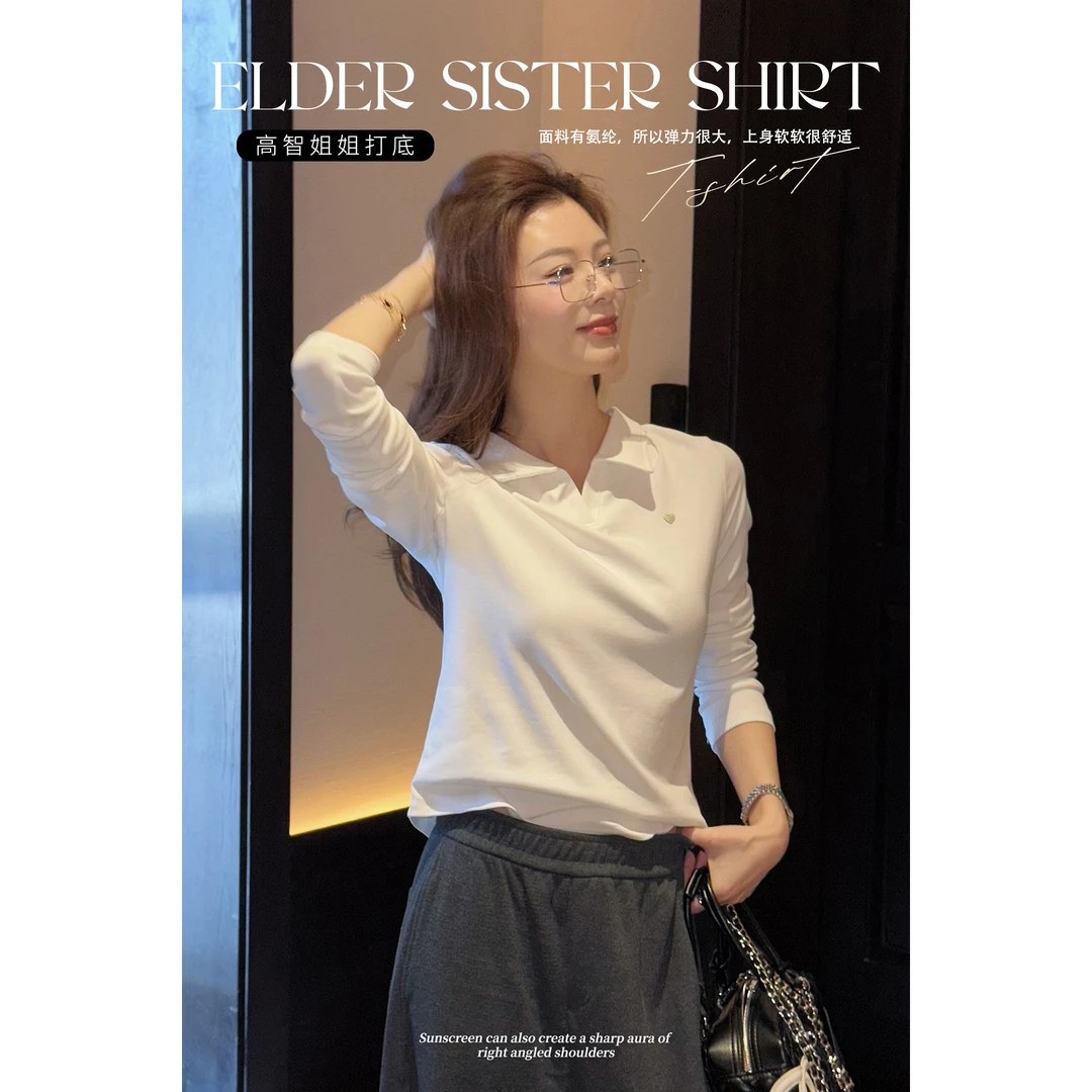 Glele私服「高智姐姐打底」高智姐姐翻领美式复发修身T恤上衣