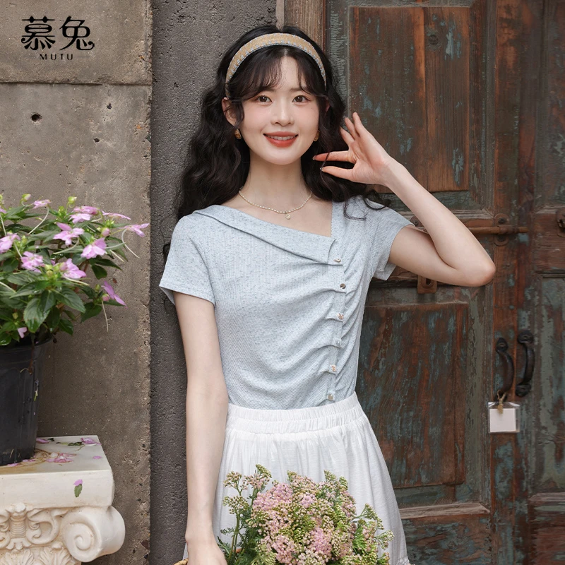 慕兔法式斜领不规则短袖t恤女2025夏季新款独特别致修身显瘦上衣