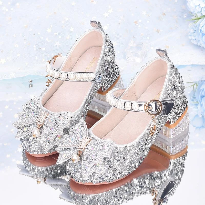 秋女童高跟鞋爱莎公主皮鞋儿童水晶鞋表演走秀礼仪鞋软底女孩单鞋