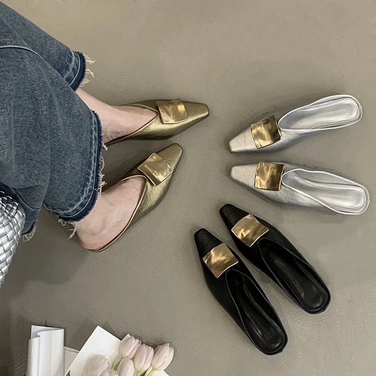 2025新款夏季外穿包头半拖鞋平底方扣穆勒鞋子配裙子女鞋凉拖鞋