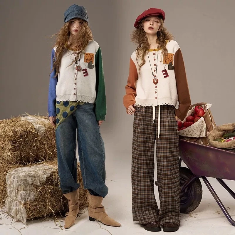 【复古拼色】复古拼接开衫毛衣秋季新款爱心刺绣外套.Y50221