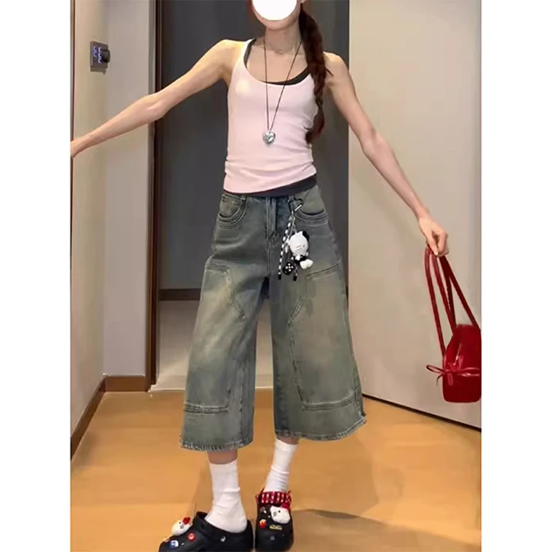 美式做旧七分牛仔短裤女夏季新款高腰宽松阔腿显瘦八分直筒中裤子