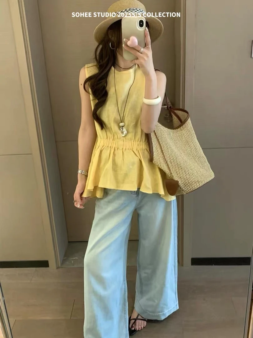 2025夏季新款韩版时尚百搭圆领宽松显瘦无袖衬衫女设计感小众上衣