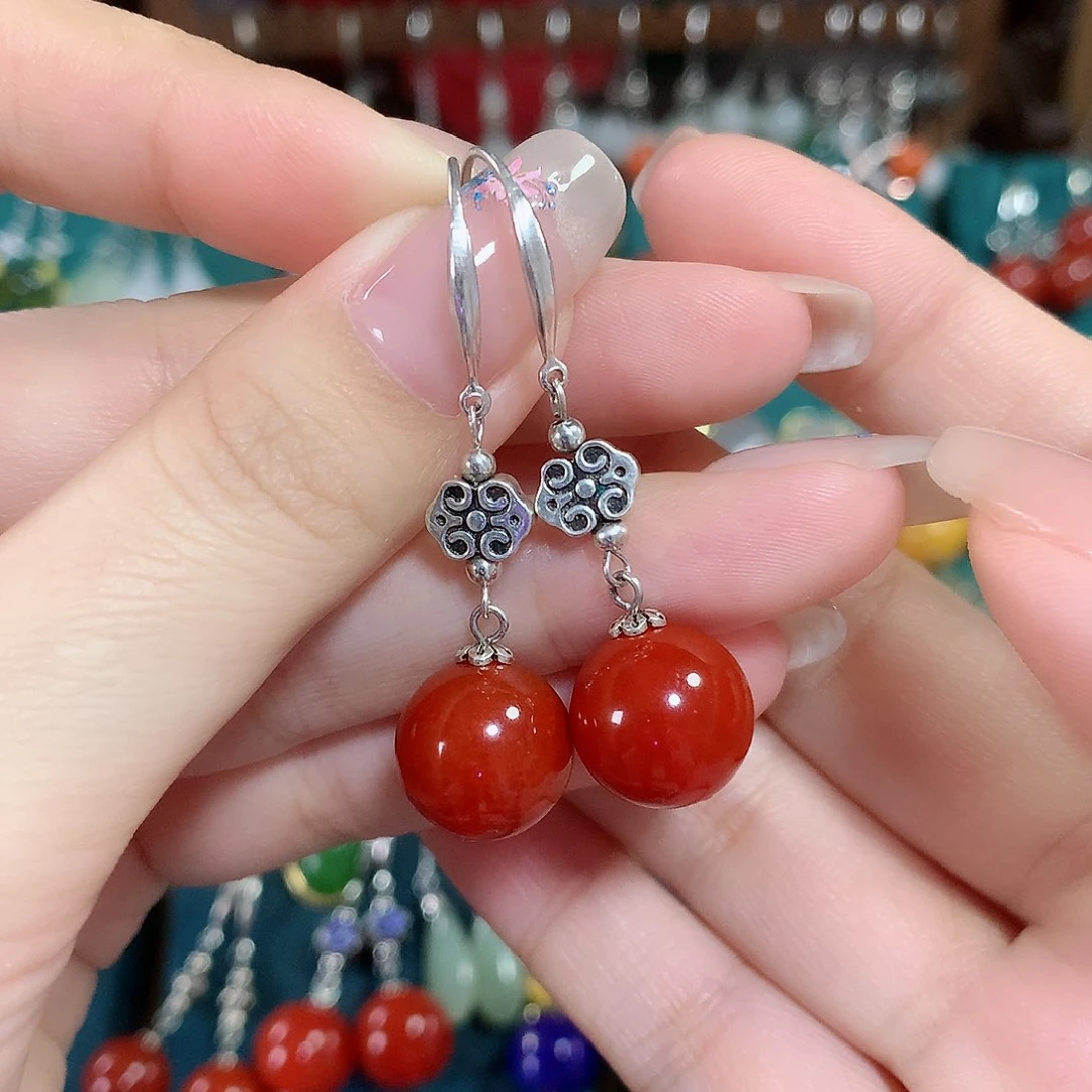 玛瑙/玉髓耳饰银S925镶嵌天然红玛瑙12mm左右（锦红）