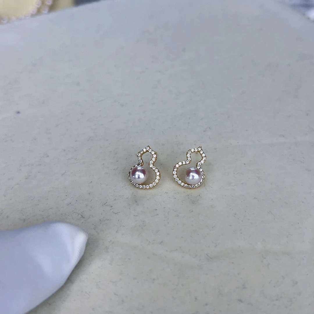 海水珍珠海水akoya设计款耳钉5-6mm银S925镶嵌