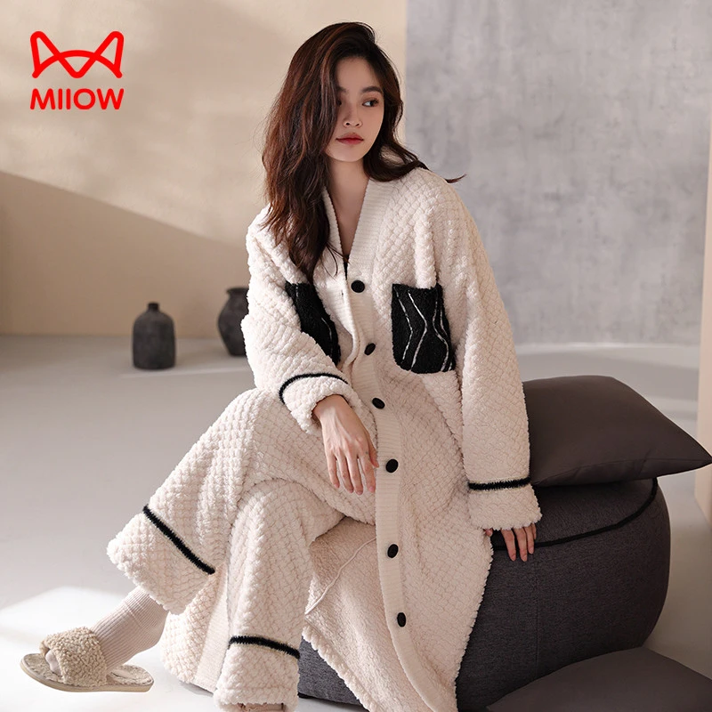 猫人经典珊瑚绒睡袍睡衣女长款秋季冬天加厚加绒保暖家居服套装