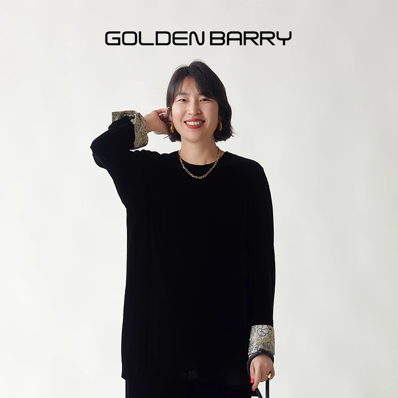 GOLDENBARRY|213093女装真丝绒拼接上衣金和百瑞