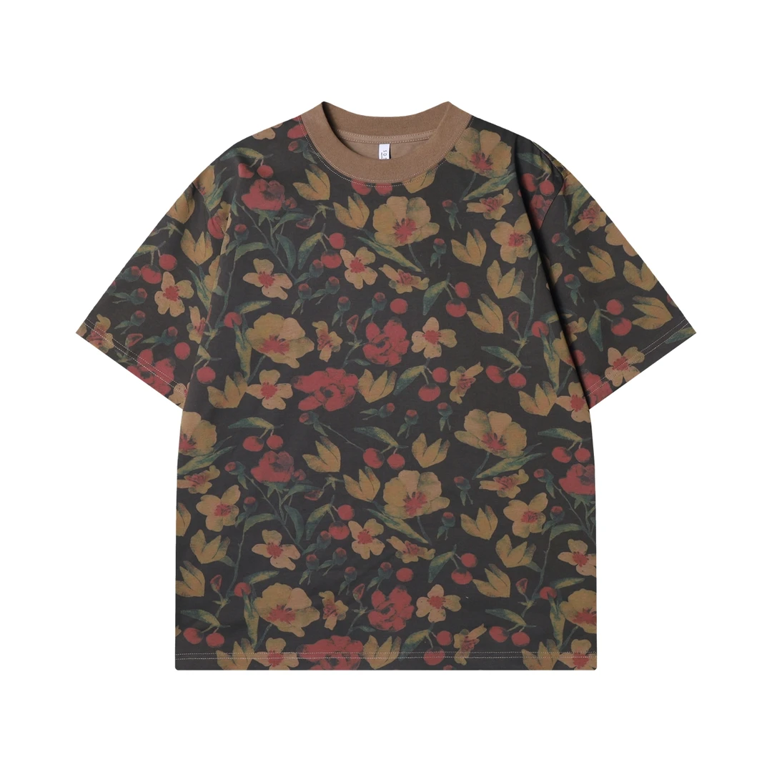 夏季高级感新款美式满印撞色花卉圆领短袖T恤休闲复古迷彩上衣