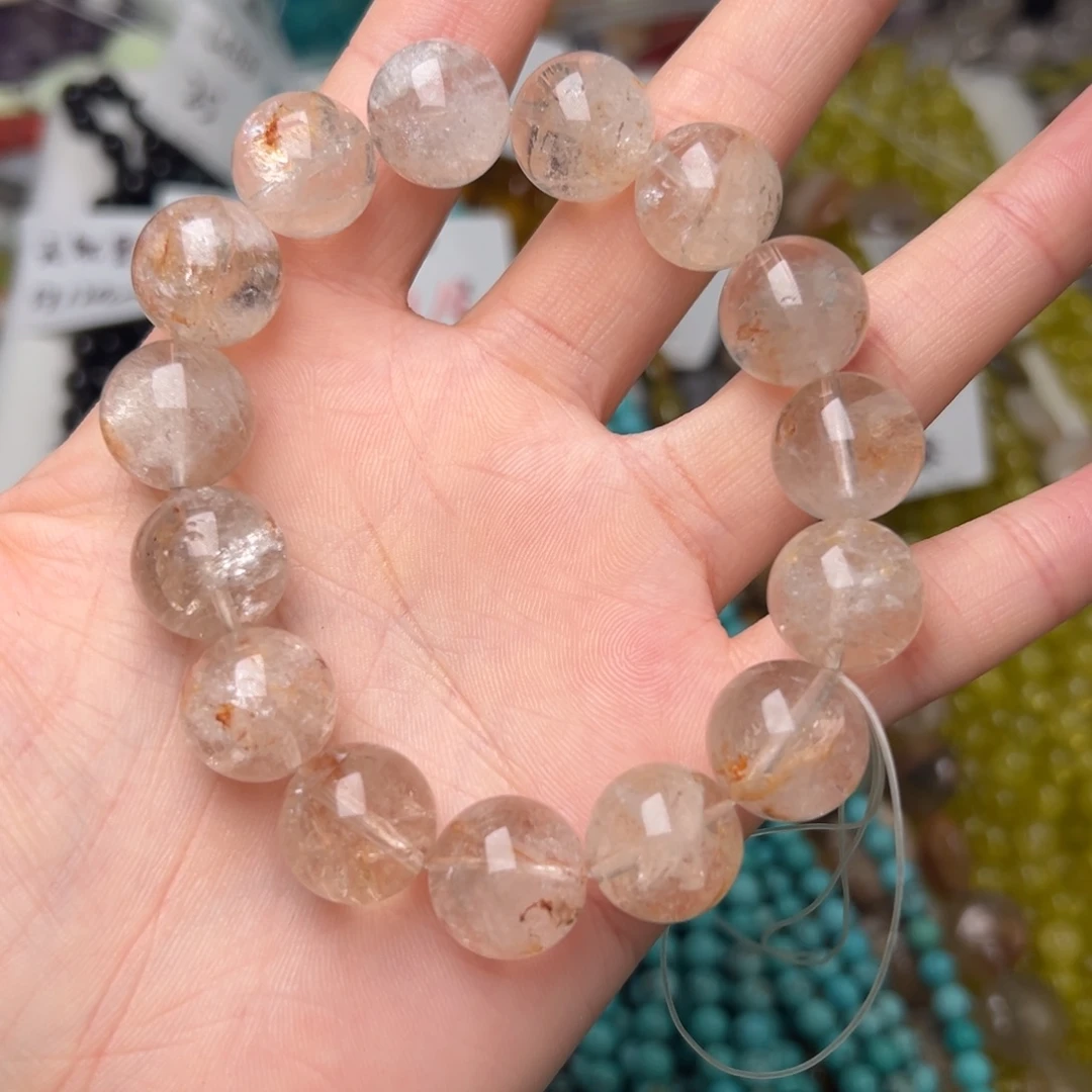 玛瑙/玉髓合金珠宝半成品L501。15mm天然红胶花白水晶圆珠手串一条