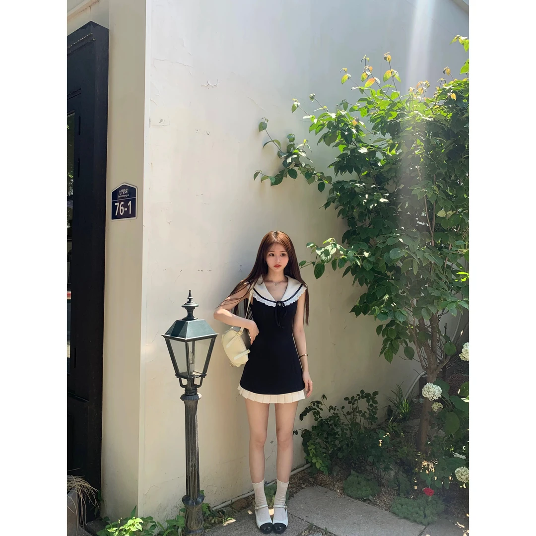 你家辣辣halo lalamiu系小千金夏季黑色甜美显瘦海军领连衣裙