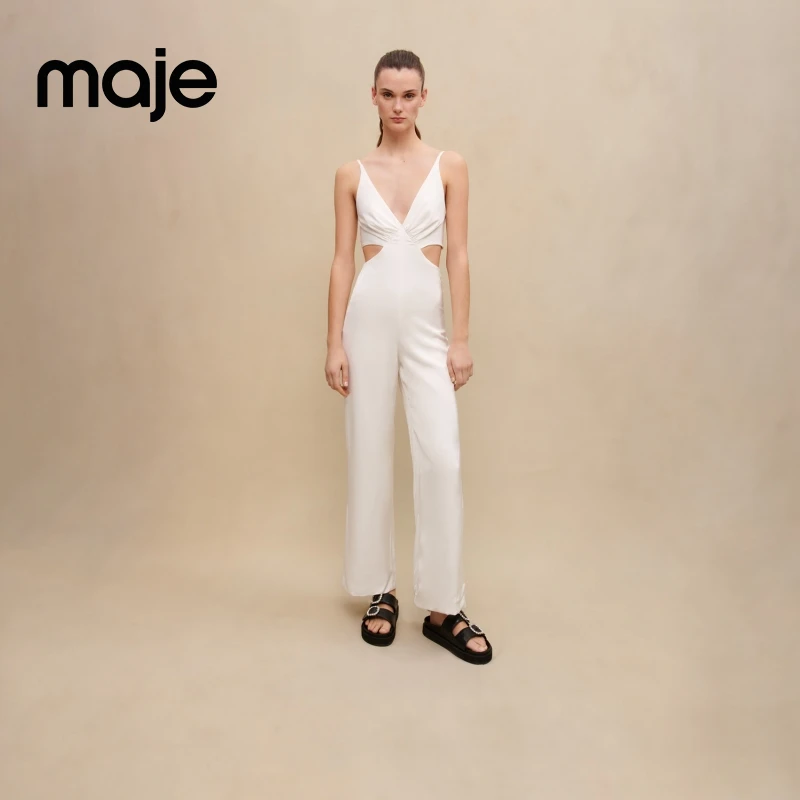 抖音双11|Maje早秋女装显瘦露腰白色吊带连体裤长裤MFPCO00303