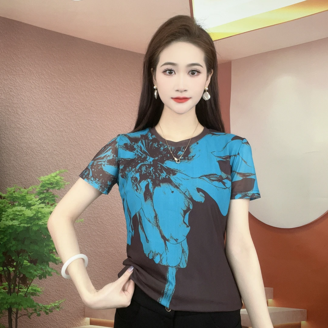 2025夏季新款短袖圆领肌肤纱时尚显瘦印花T恤上衣A262