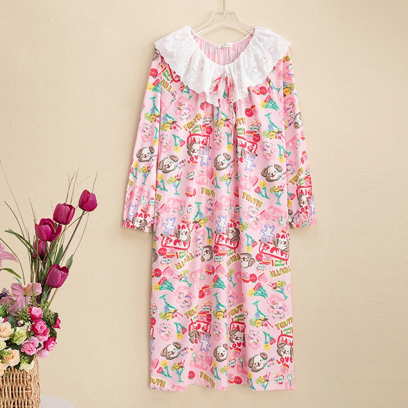 小胖【针织棉】春秋季大码宽松中长款纯棉休闲碎花连体长睡裙家居服