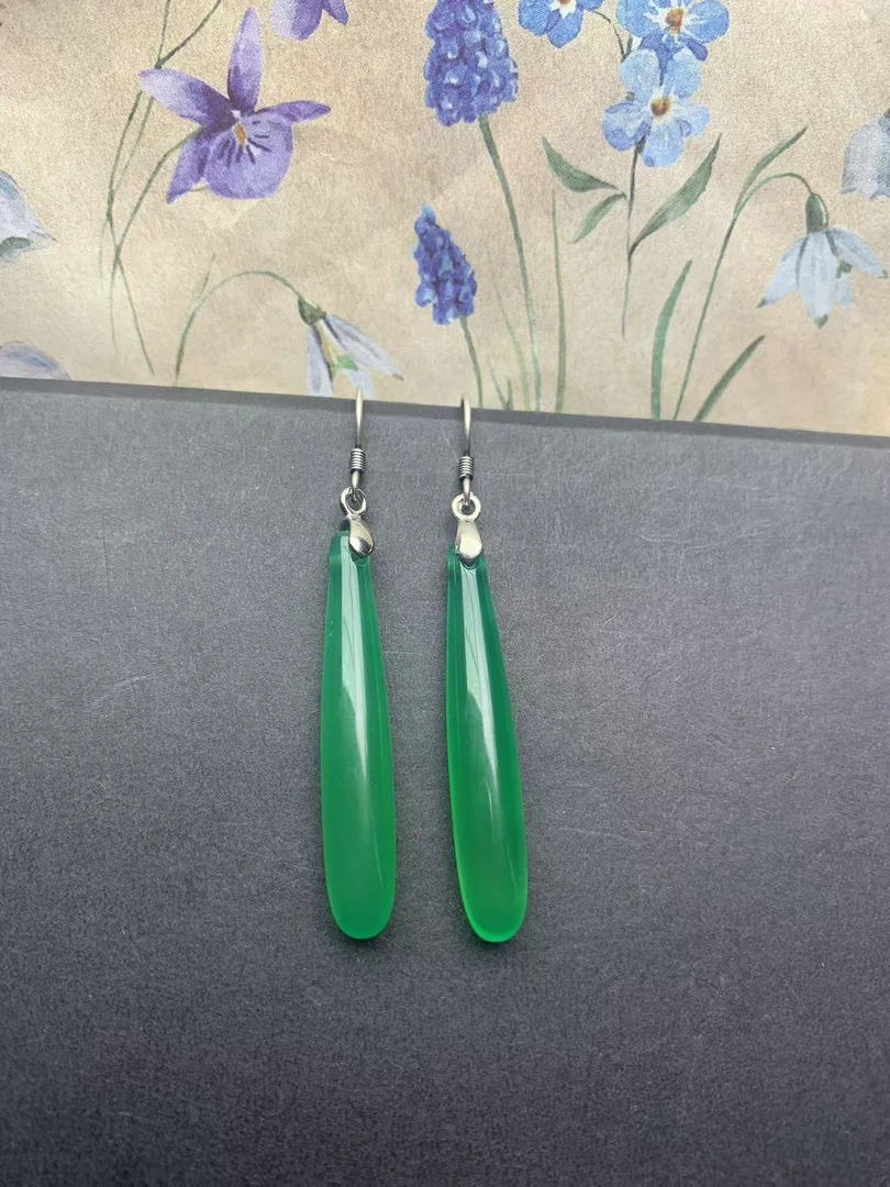 天然玉髓耳饰水滴高端S925纯银耳环经典圆珠复古绿色女马面裙F68