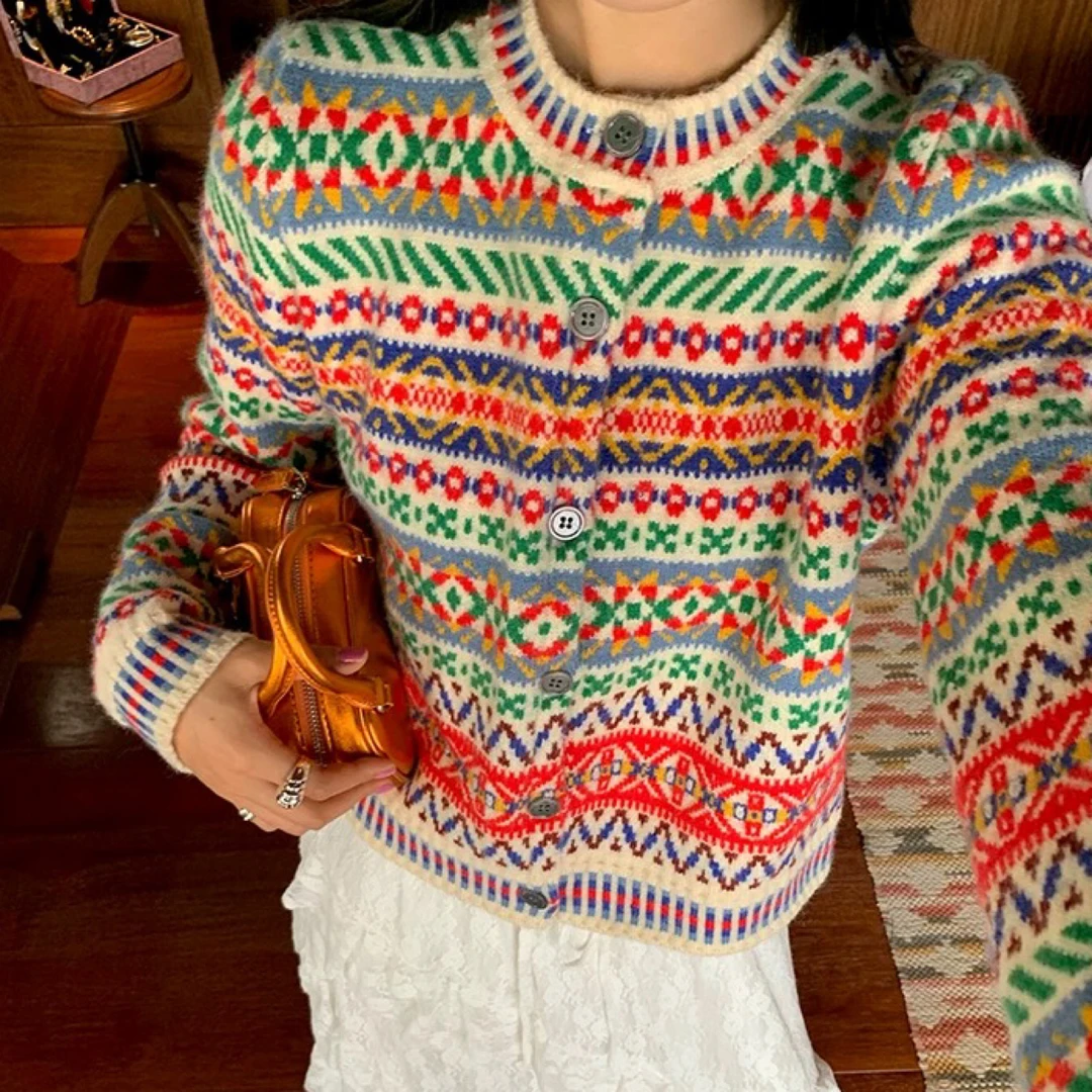 时髦精 复古彩色开衫