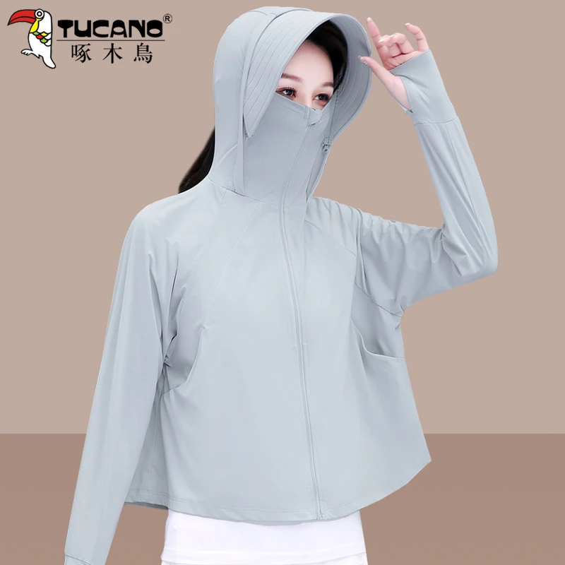 啄木鸟凉感防晒衣女夏季2025新款防紫外线遮阳护脸斗篷式女士外套