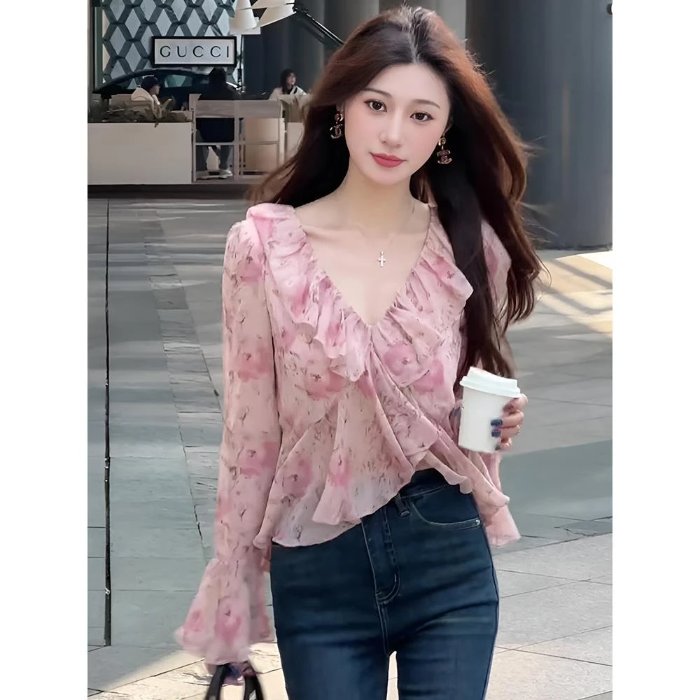 OPEN 奥粉 25年新款早春款“粉色浪漫”印花气质女装雪纺上衣碎花女