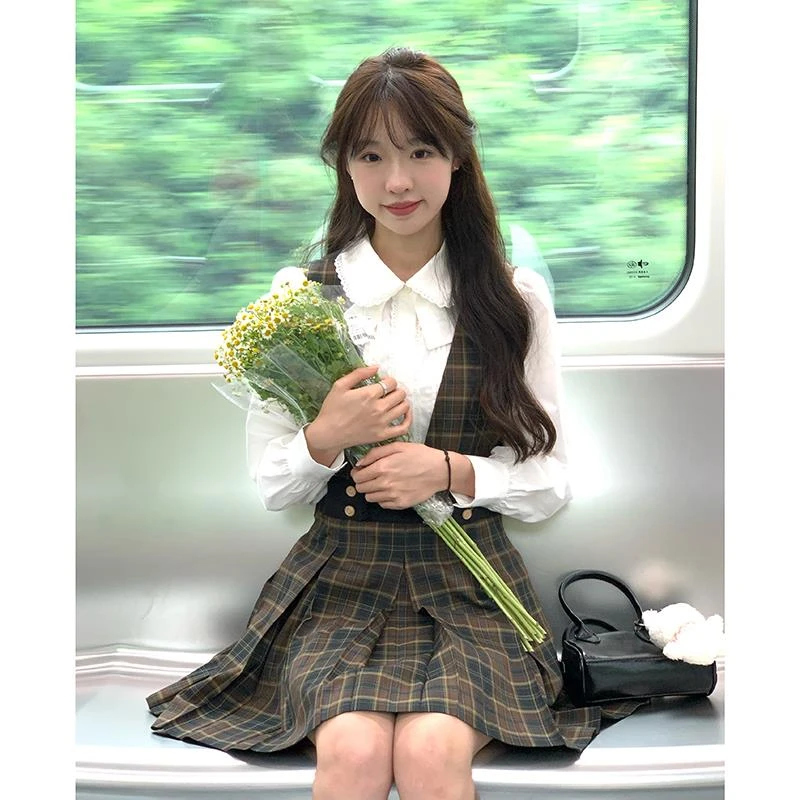 松果小姐连衣裙女小个子收腰学院风衬衫连衣裙套装棕原创设计jk