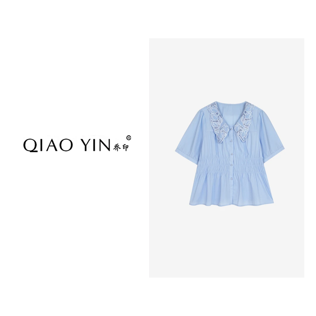 QIAO YIN"小衫“气质蓝色时尚休闲夏季宽松泡泡袖QY27463