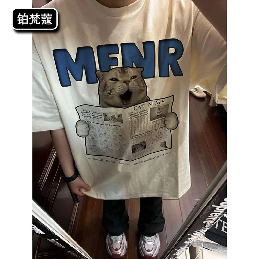 铂梵蔻男士休闲上衣潮T恤夏季痞帅宽松新款圆领印花轻奢纯棉短袖