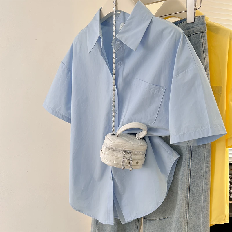 蓝色正肩短袖衬衫2025新款女气质上衣口袋显瘦通勤穿搭衬衣外套潮