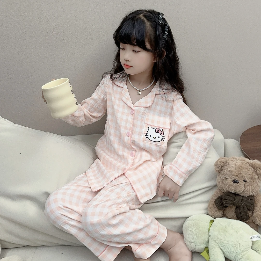 儿童睡衣女童春秋季云朵棉开衫长袖长裤格子KT猫女孩家居服套装