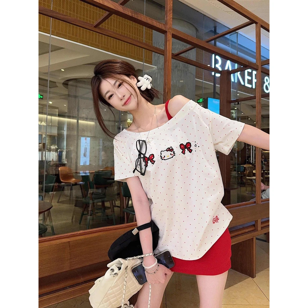 92棉+运费险小众露肩kitty猫印花波点短袖T恤女夏季显瘦百搭上衣