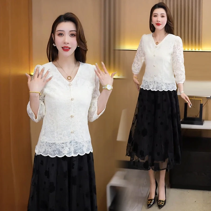 时尚套装女2025春季新款洋气V领显瘦蕾丝衫上衣网纱半身裙两件套