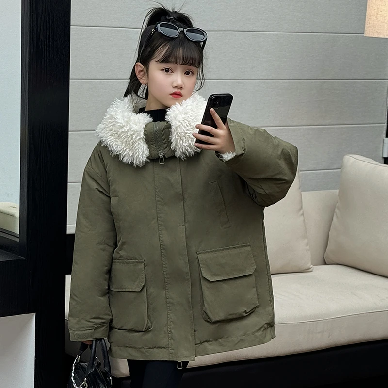 露思同款女童冬季加绒加棉派克服中长款外套童装新款洋气女孩保暖