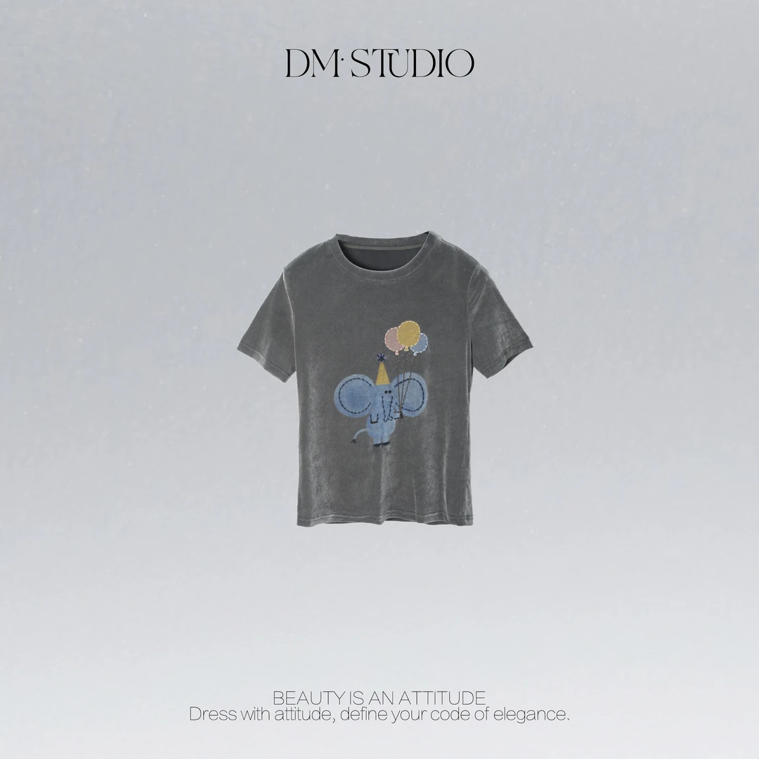 DEDM•STUDIO/可爱减龄创意气球小象植绒短袖上衣2508TX/FHWC8779