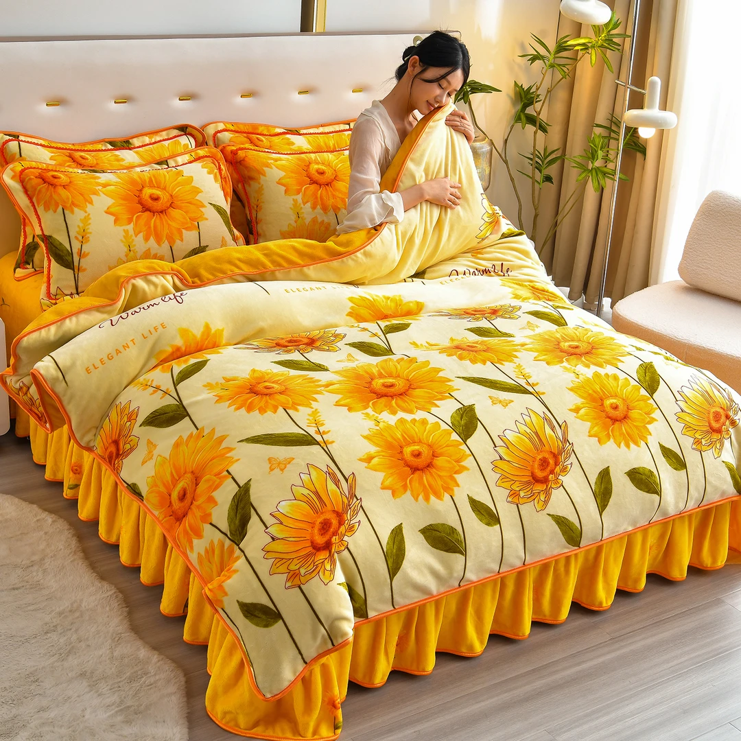 牛奶绒四件套加厚冬床上用品被套防静电不掉毛床裙双面绒新款印花