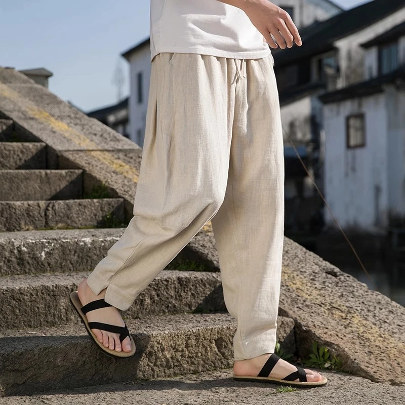 中国风开衩亚麻裤男裤子夏季薄款宽松哈伦裤棉麻休闲裤阔腿长裤