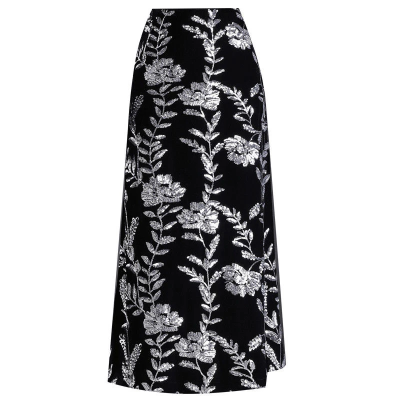 送腰带长裙极简风高腰花卉夏季半身裙黑色裙子显瘦时尚印花女装