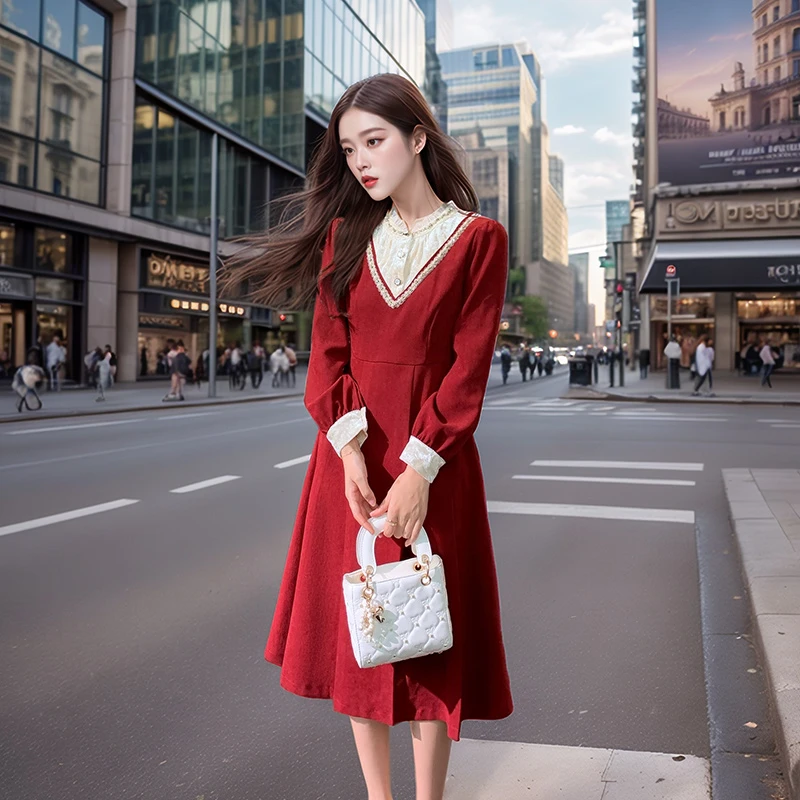 奢姿2025年冬季新款大码女装撞色立领裙子胖妹妹轻奢千金风连衣裙