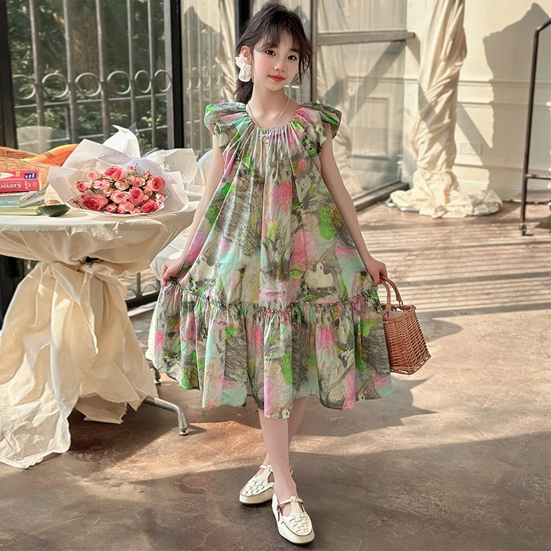 女童碎花连衣裙夏季2025新款儿童花苞裙洋气泡泡袖公主长裙沙滩裙