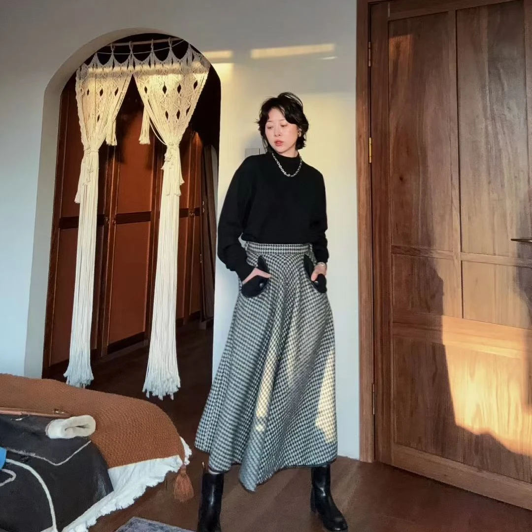 伊太/格雷系格子高腰A字半身裙