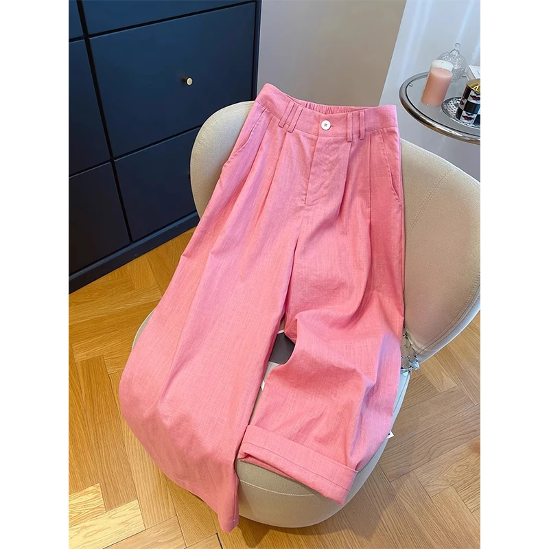 今年流行爆款粉色阔腿裤女夏季新款高腰显瘦遮肉宽松直筒休闲裤子