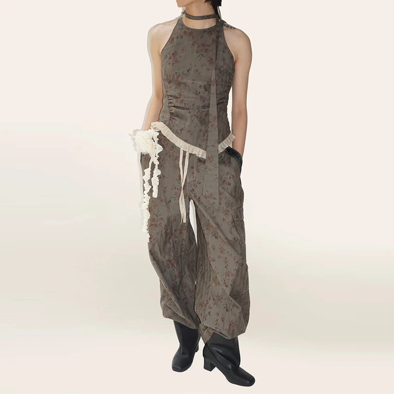 【meiewie】noundnound暗纹印花饶脖荷叶摆修身背心吊带女25夏新款