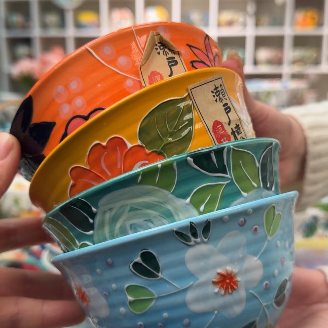 瓷片濑户烧满彩5英寸饭碗4只，看图